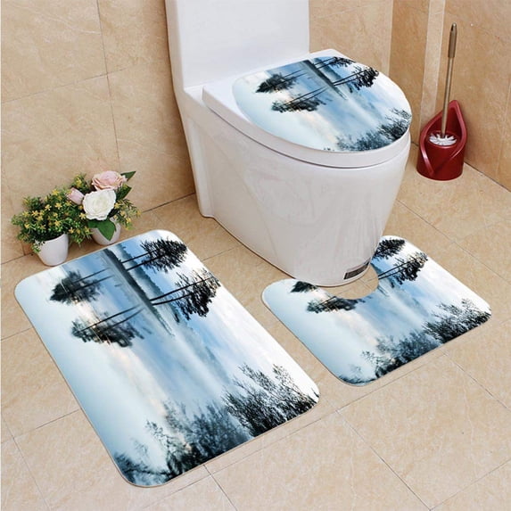 PUDMAD Misty Summer Morning Vertical 3 Piece Bathroom Rugs Set Bath Rug Contour Mat and Toilet Lid Cover