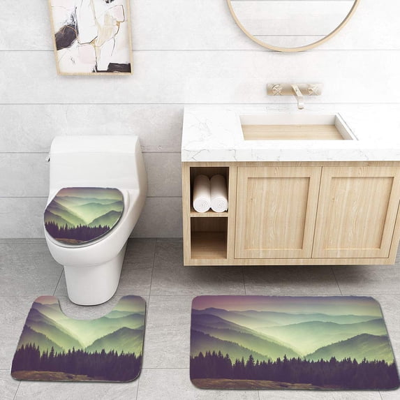 PUDMAD Misty Summer Mountain Hills Landscape 3 Piece Bathroom Rugs Set Bath Rug Contour Mat and Toilet Lid Cover