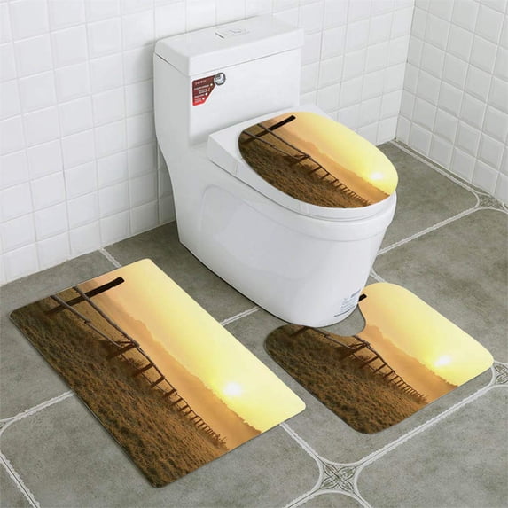 PUDMAD Misty Sunrise Over Field 3 Piece Bathroom Rugs Set Bath Rug Contour Mat and Toilet Lid Cover