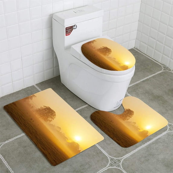 PUDMAD Misty Sunrise in Yorkshire Dales 3 Piece Bathroom Rugs Set Bath Rug Contour Mat and Toilet Lid Cover