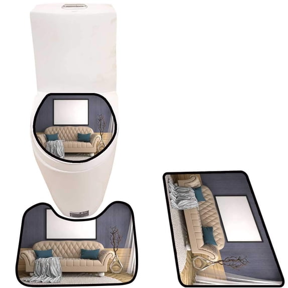 PUDMAD Mock up Poster Frame in Interior backgroun 3 Piece Bathroom Rugs Set Bath Rug Contour Mat and Toilet Lid Cover
