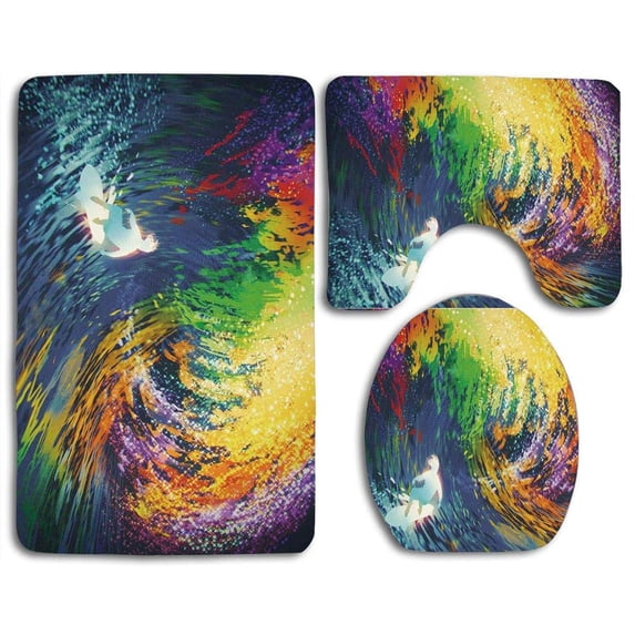 PUDMAD Modern Exotic Surfer in Ocean Waves Featured Effects Sports Hobby Graphic 3 Piece Bathroom Rugs Set Bath Rug Contour Mat and Toilet Lid Cover
