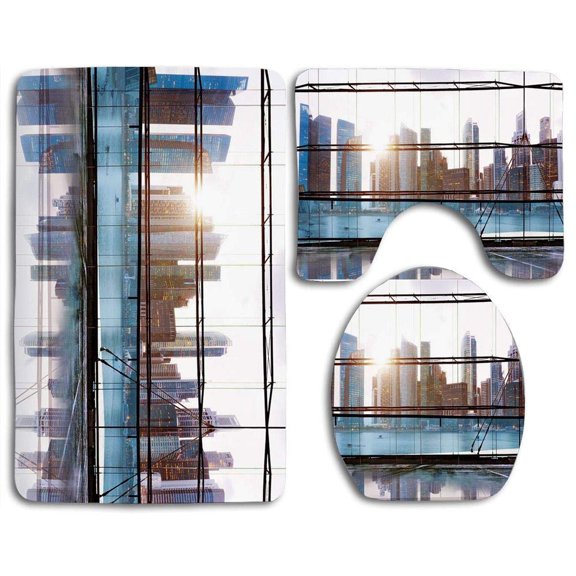 PUDMAD Modern Scenery Modern Futuristic Metropolitan City Skyscrapers Sky 3 Piece Bathroom Rugs Set Bath Rug Contour Mat and Toilet Lid Cover