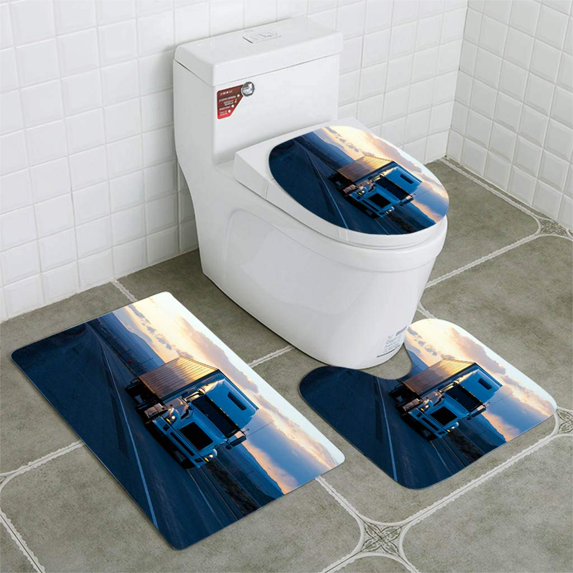 PUDMAD Modern semi Truck Trailer on Twilight Highway 3 Piece Bathroom Rugs Set Bath Rug Contour Mat and Toilet Lid Cover