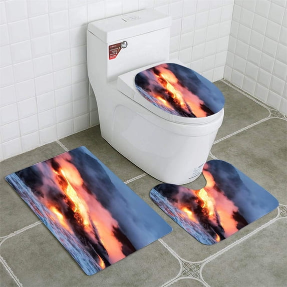PUDMAD Molten Lava Flowing into Pacific Ocean 3 Piece Bathroom Rugs Set Bath Rug Contour Mat and Toilet Lid Cover