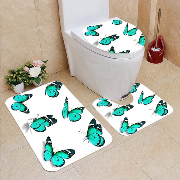 PUDMAD Monarch Butterflies Set 3 Piece Bathroom Rugs Set Bath Rug Contour Mat and Toilet Lid Cover