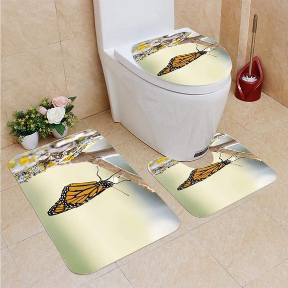 PUDMAD Monarch Butterfly Seventy one Minutes After Emerging from Cocoon 3 Piece Bathroom Rugs Set Bath Rug Contour Mat and Toilet Lid Cover