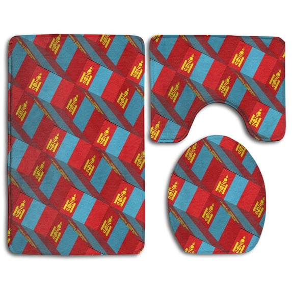 PUDMAD Mongolia Flag 3D Art 3 Piece Bathroom Rugs Set Bath Rug Contour Mat and Toilet Lid Cover