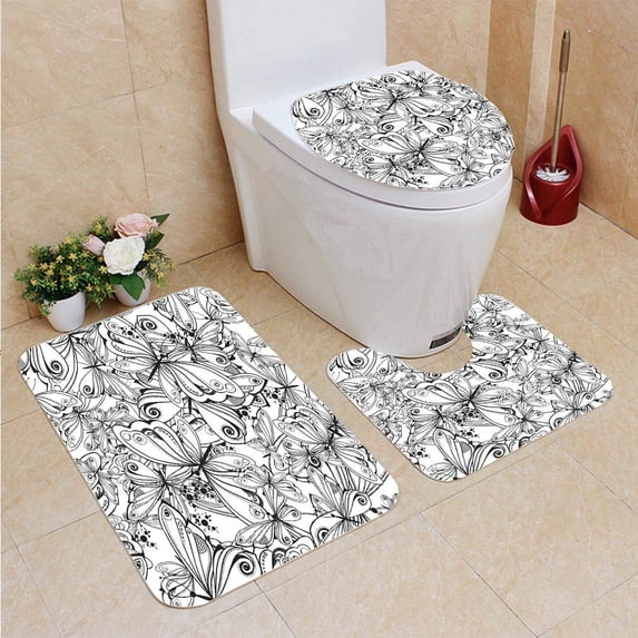 PUDMAD Monochrome Textile Butterflies 3 Piece Bathroom Rugs Set Bath Rug Contour Mat and Toilet Lid Cover