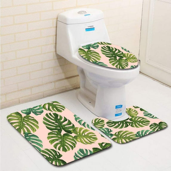 PUDMAD Monstera Leaf 3 Piece Bathroom Rugs Set Bath Rug Contour Mat and Toilet Lid Cover