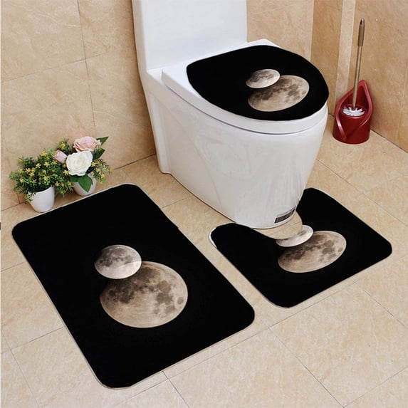PUDMAD Moon 3 Piece Bathroom Rugs Set Bath Rug Contour Mat and Toilet Lid Cover