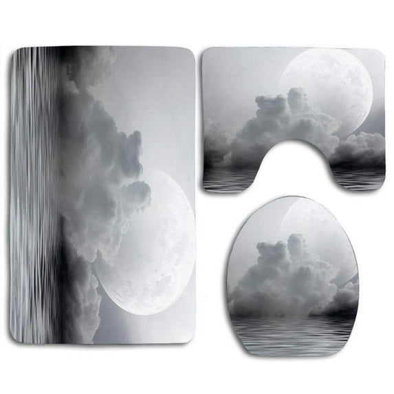 PUDMAD Moon Misty Air in Ocean Monochrome Full Moon Natural Imagery 3 Piece Bathroom Rugs Set Bath Rug Contour Mat and Toilet Lid Cover