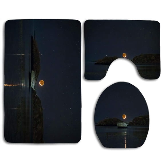 PUDMAD Moonset Over Cara Na Mara Bad Eddie Boat 3 Piece Bathroom Rugs Set Bath Rug Contour Mat and Toilet Lid Cover