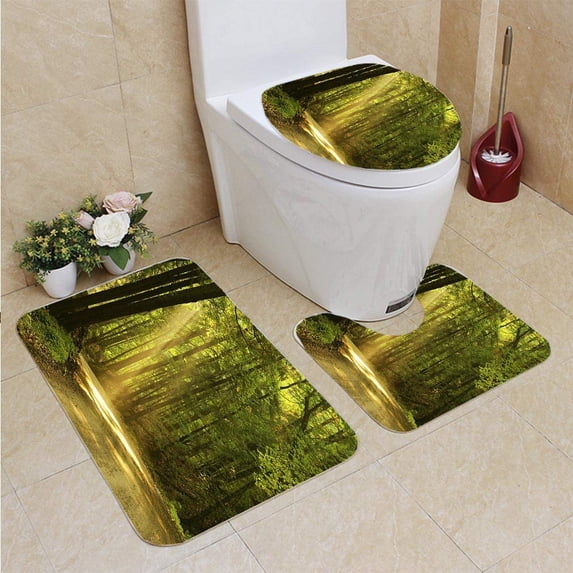 PUDMAD Morning 3 Piece Bathroom Rugs Set Bath Rug Contour Mat and Toilet Lid Cover