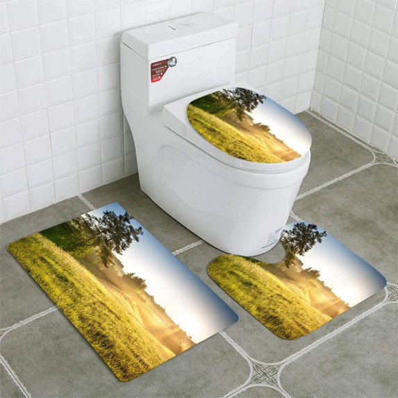 PUDMAD Morning Country Road Through Foggy Landscape Colorful Sunrise 3 Piece Bathroom Rugs Set Bath Rug Contour Mat and Toilet Lid Cover