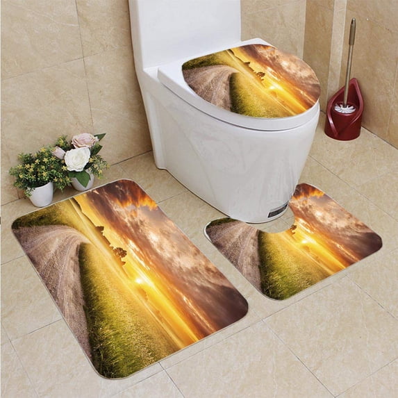 PUDMAD Morning Country Road Through Foggy Landscape Colorful Sunrise 3 Piece Bathroom Rugs Set Bath Rug Contour Mat and Toilet Lid Cover