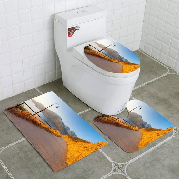 PUDMAD Morning Landscape Lamps Near Road Mountains and sea 3 Piece Bathroom Rugs Set Bath Rug Contour Mat and Toilet Lid Cover