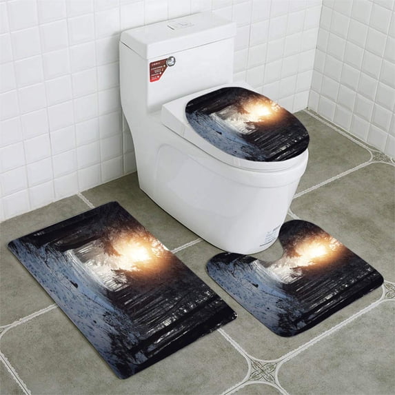 PUDMAD Morning Light Over Forest Pathway 3 Piece Bathroom Rugs Set Bath Rug Contour Mat and Toilet Lid Cover