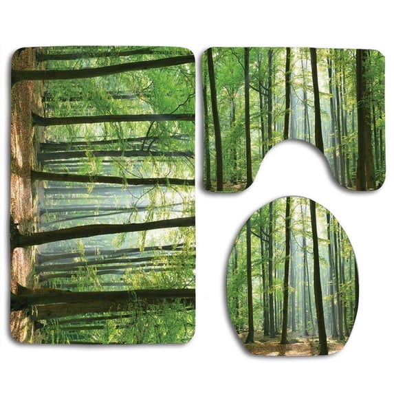 PUDMAD Morning Sunbeams Hit Natural Alive Spring Forest from Sky in a Sunny Day 3 Piece Bathroom Rugs Set Bath Rug Contour Mat and Toilet Lid Cover