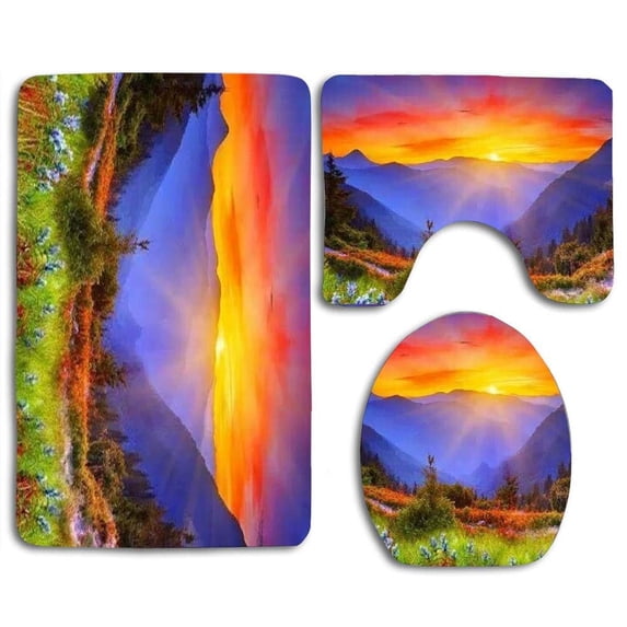 PUDMAD Morning Sunlight Forest 3 Piece Bathroom Rugs Set Bath Rug Contour Mat and Toilet Lid Cover