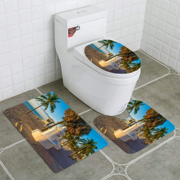 PUDMAD Morning in Fort Lauderdale 3 Piece Bathroom Rugs Set Bath Rug Contour Mat and Toilet Lid Cover