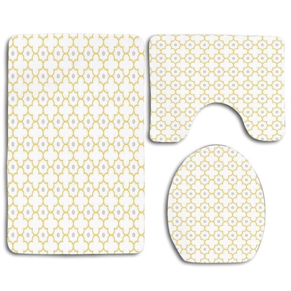 PUDMAD Moroccan Style Lattice Dots in Daisy Diamond Petals Four Leaf Clover 3 Piece Bathroom Rugs Set Bath Rug Contour Mat and Toilet Lid Cover