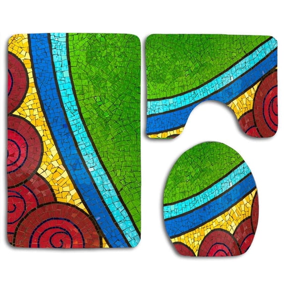 PUDMAD Mosaic Colorful Patterns Wall Details 3 Piece Bathroom Rugs Set Bath Rug Contour Mat and Toilet Lid Cover