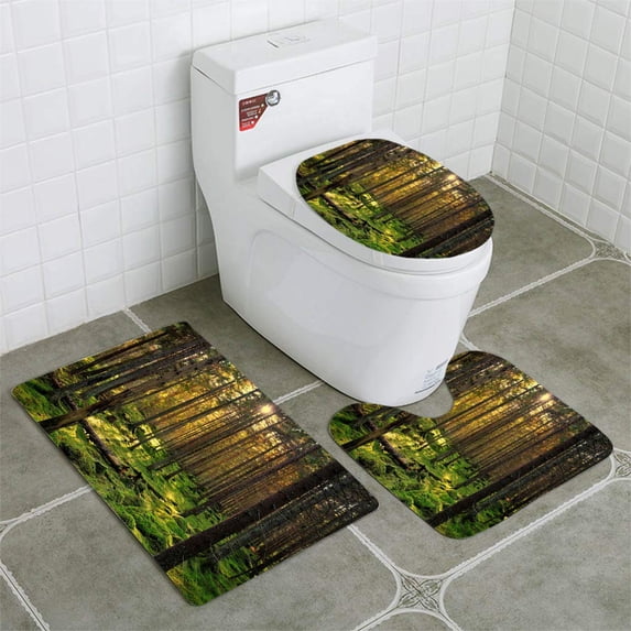 PUDMAD Mossy Green Forest 3 Piece Bathroom Rugs Set Bath Rug Contour Mat and Toilet Lid Cover