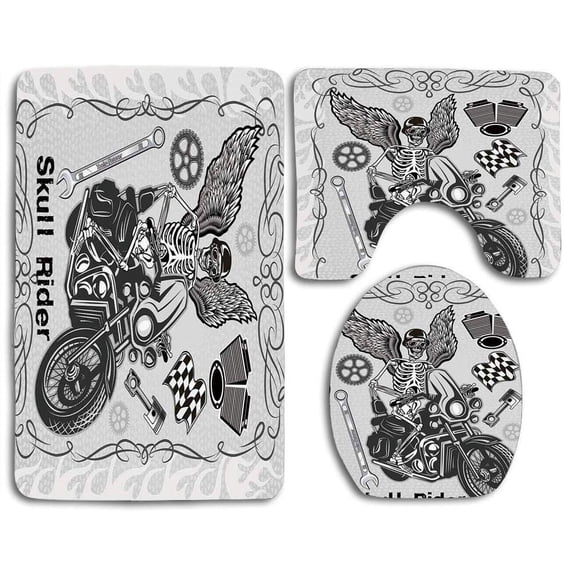 PUDMAD Motorcycle Evil Hipster Dead Skull Skeleton Motorbike Rider Wings Drive to Hell Humor 3 Piece Bathroom Rugs Set Bath Rug Contour Mat and Toilet Lid Cover