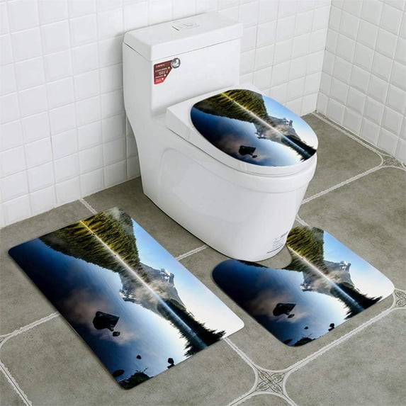 PUDMAD Mount Hood Reflected at Trillium Lake Oregon XXXL 3 Piece Bathroom Rugs Set Bath Rug Contour Mat and Toilet Lid Cover