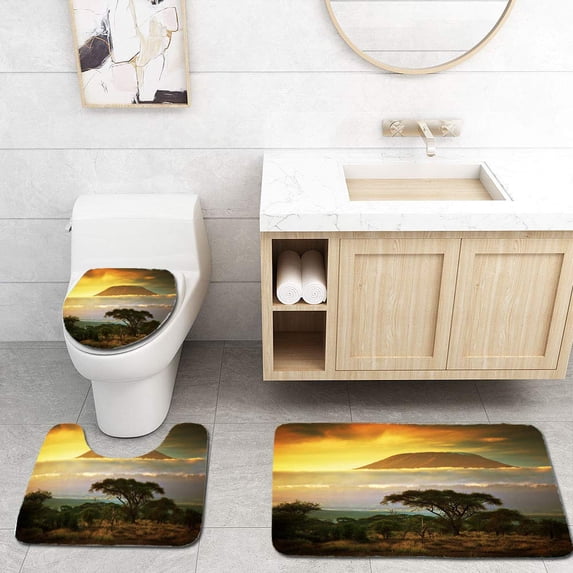 PUDMAD Mount Kilimanjaro Savanna in Amboseli Kenya 3 Piece Bathroom Rugs Set Bath Rug Contour Mat and Toilet Lid Cover