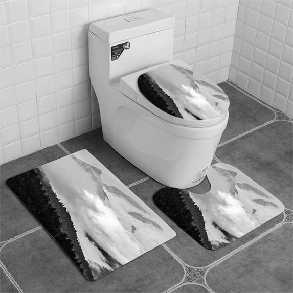 PUDMAD Mount Rainier in Clouds 3 Piece Bathroom Rugs Set Bath Rug Contour Mat and Toilet Lid Cover