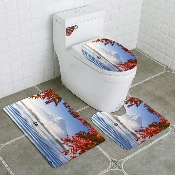 PUDMAD Mountain Fuji and Lake Morning Fog in Autumn Season 3 Piece Bathroom Rugs Set Bath Rug Contour Mat and Toilet Lid Cover