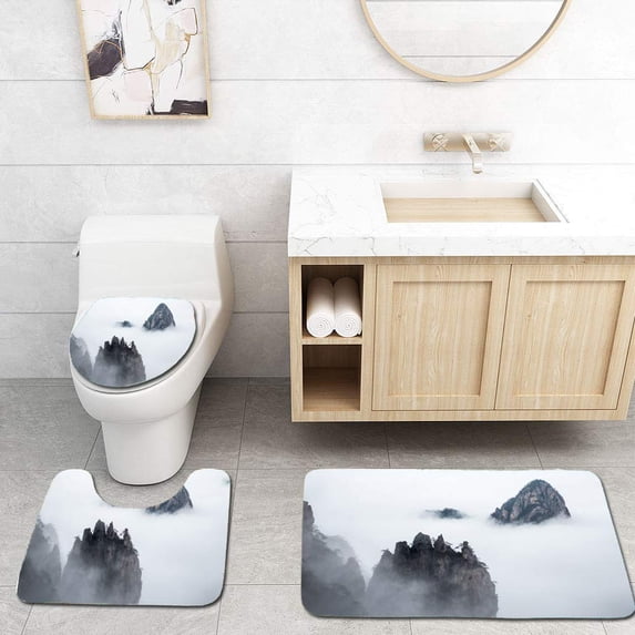 PUDMAD Mountain Huangshan Scenery 3 Piece Bathroom Rugs Set Bath Rug Contour Mat and Toilet Lid Cover