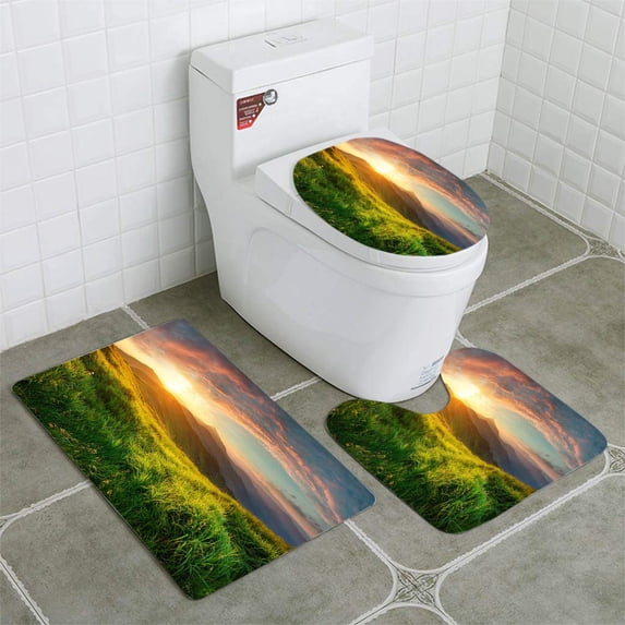 PUDMAD Mountain Landscape 3 Piece Bathroom Rugs Set Bath Rug Contour Mat and Toilet Lid Cover