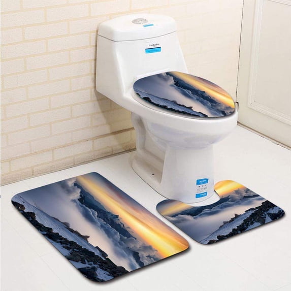 PUDMAD Mountain Landscape 3 Piece Bathroom Rugs Set Bath Rug Contour Mat and Toilet Lid Cover