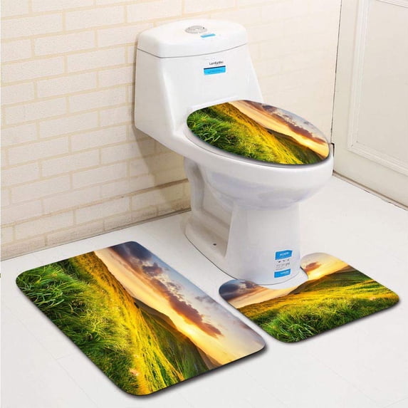 PUDMAD Mountain Landscape 3 Piece Bathroom Rugs Set Bath Rug Contour Mat and Toilet Lid Cover