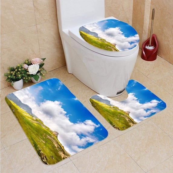 PUDMAD Mountain Landscape Aerial View 3 Piece Bathroom Rugs Set Bath Rug Contour Mat and Toilet Lid Cover