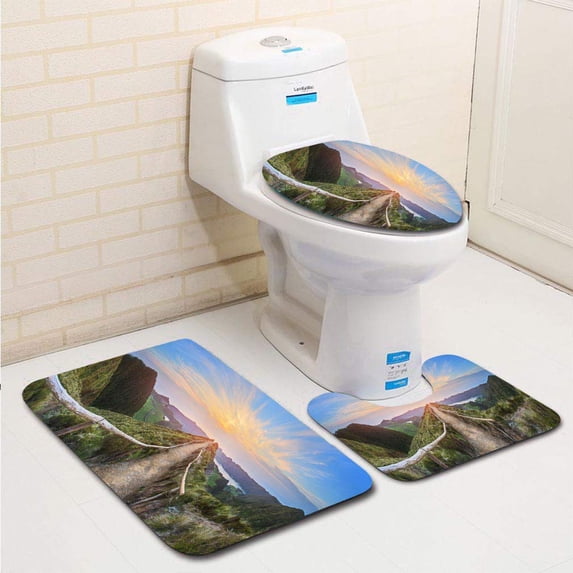 PUDMAD Mountain Landscape Hiking Trail Ponta Delgada Island Azores Portugal 3 Piece Bathroom Rugs Set Bath Rug Contour Mat and Toilet Lid Cover