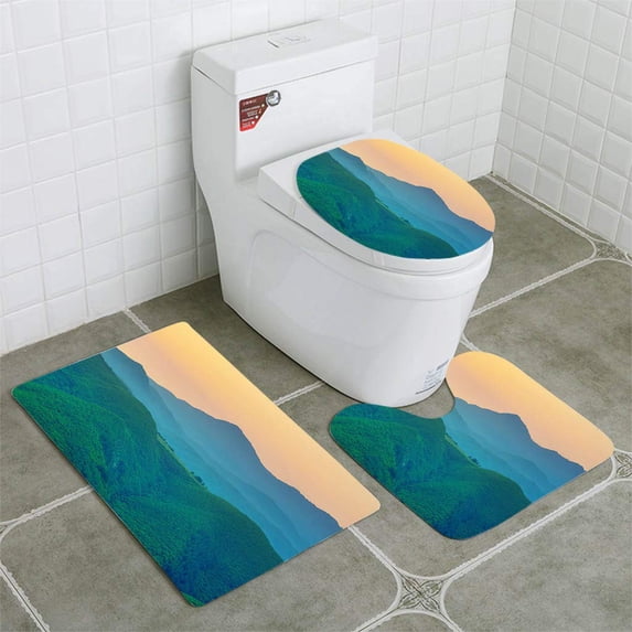 PUDMAD Mountain Silhoutte 3 Piece Bathroom Rugs Set Bath Rug Contour Mat and Toilet Lid Cover