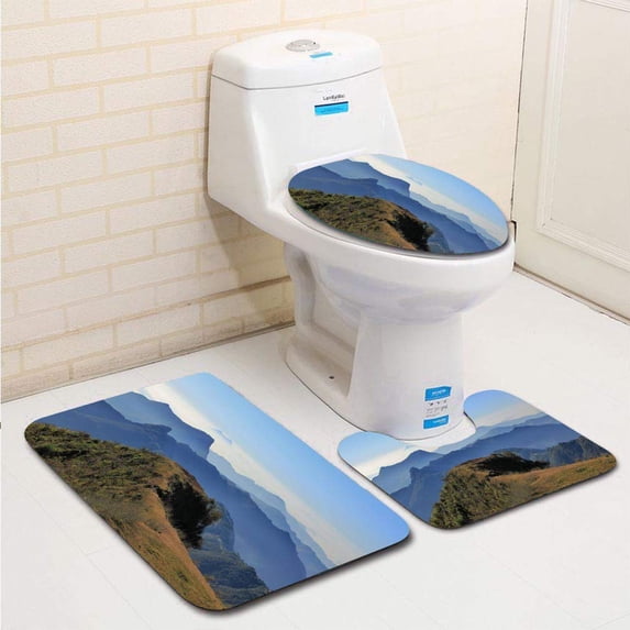 PUDMAD Mountain ranges Hills on a Fogy Day 3 Piece Bathroom Rugs Set Bath Rug Contour Mat and Toilet Lid Cover