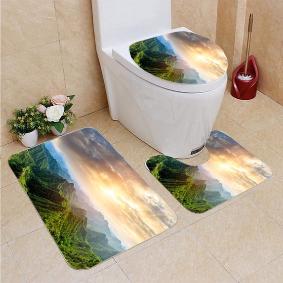 PUDMAD Mountains Beautiful Sky Clouds 3 Piece Bathroom Rugs Set Bath Rug Contour Mat and Toilet Lid Cover