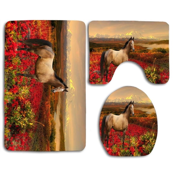 PUDMAD Mountains Fog Horse in Flowers 3 Piece Bathroom Rugs Set Bath Rug Contour Mat and Toilet Lid Cover