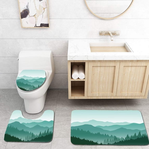 PUDMAD Mountains Landscape Nature in Green Colors 3 Piece Bathroom Rugs Set Bath Rug Contour Mat and Toilet Lid Cover