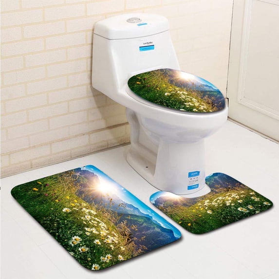 PUDMAD Mountains Landscape in Vorarlberg 3 Piece Bathroom Rugs Set Bath Rug Contour Mat and Toilet Lid Cover