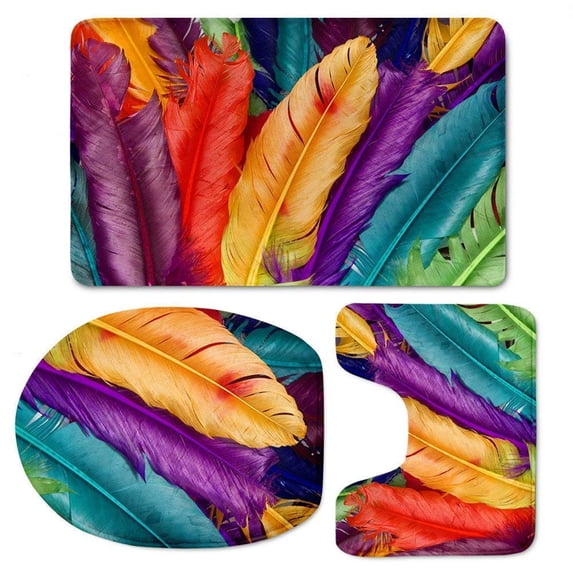 PUDMAD Multi-Color Feather 3 Piece Bathroom Rugs Set Bath Rug Contour Mat and Toilet Lid Cover