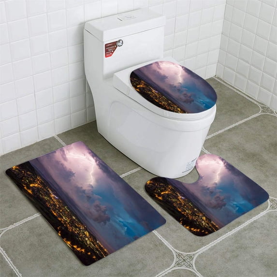 PUDMAD Multi Colored Lightning Storm Over Bright City at Night 3 Piece Bathroom Rugs Set Bath Rug Contour Mat and Toilet Lid Cover