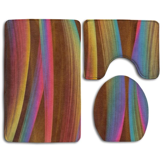 PUDMAD Multicolored Digital Lines Painting 3 Piece Bathroom Rugs Set Bath Rug Contour Mat and Toilet Lid Cover