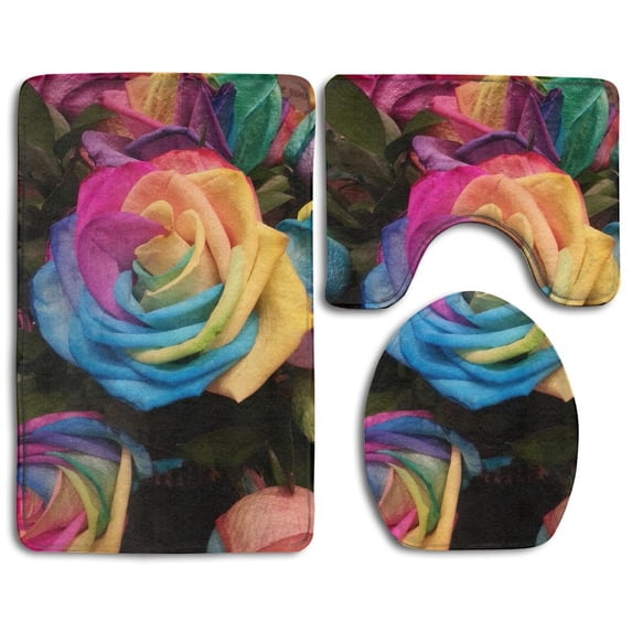 PUDMAD Multicolored Rainbow Rose 3 Piece Bathroom Rugs Set Bath Rug Contour Mat and Toilet Lid Cover