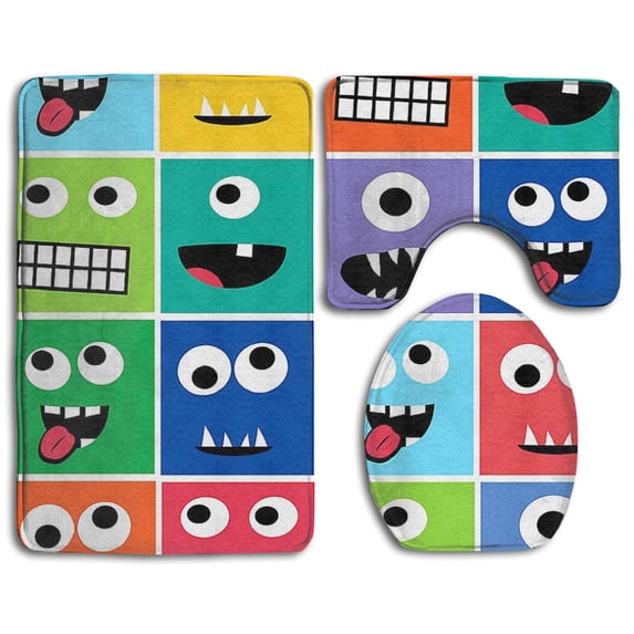 PUDMAD Multiple Cute Face 3 Piece Bathroom Rugs Set Bath Rug Contour Mat and Toilet Lid Cover